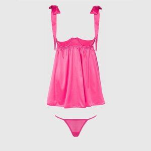 House of Desire Brigeta Pink Satin Open Cup Babydoll and G-String Lingerie Set